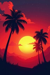 Dramatic palm silhouettes against a blazing sunset sky , fiery, golden hour