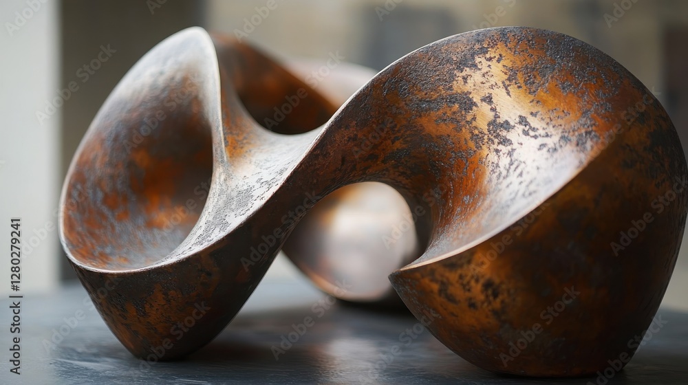 Poster abstract bronze sculpture with dynamic curves and textures on a blurred background emphasizing artis
