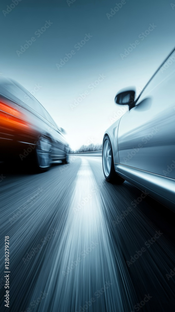 Poster fast cars racing on a highway in motion during twilight with blurred backgrounds and dynamic perspec
