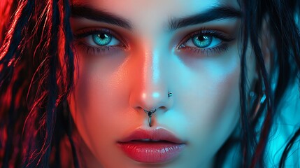 Fototapeta premium Closeup portrait, vibrant lighting, woman, fashion
