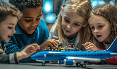girl and boy playing with toy airplane