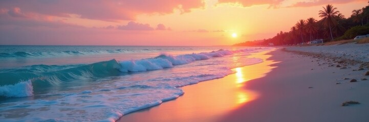Pastel sunset hues illuminate calm beach, gentle waves caress sand , coast, colors