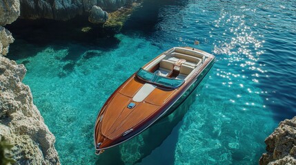 Obraz premium Aerial View of Luxury Yacht with Woman Relaxing on Deck, Speeding Through Blue Ocean Waters 