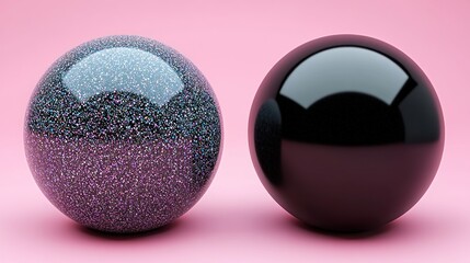 Two glossy spheres, one glittery and one black, on pink background.