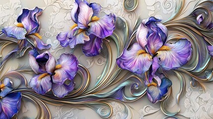 Stunning Digital Art of Purple Iris Flowers with Elegant Swirls and Textures for Nature and Floral Design Projects