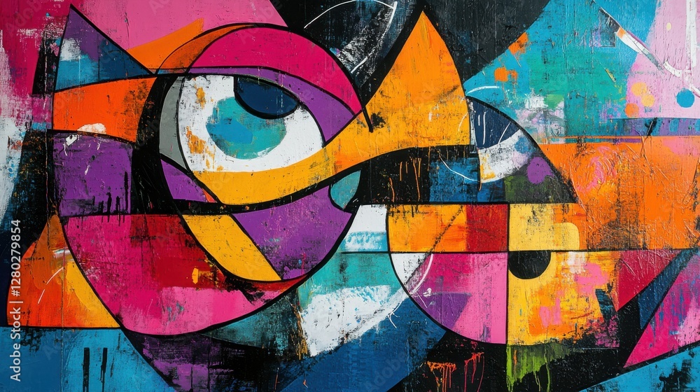 Poster vibrant abstract art with bold colors and eye motifs creating a dynamic visual experience