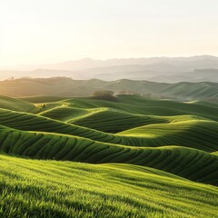 Fototapeta premium Green Rolling Hills Landscape: A Wide View of Undulating Green Hills with a Bright Sky Above, Evoking Tranquility and Natural Beauty.