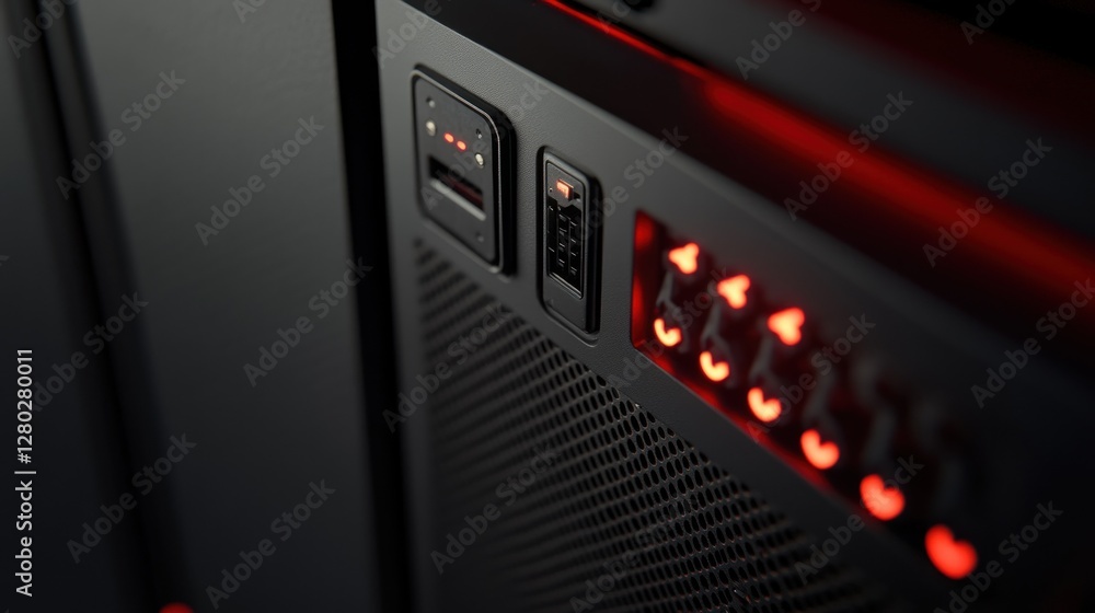 Poster close-up of a black server rack with red indicator lights and various ports.