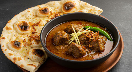 Nihari with Tandoori Naan Bread on Wooden Plate