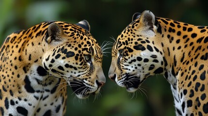 Obraz premium Two Jaguars Face to Face in a Lush Green Rainforest