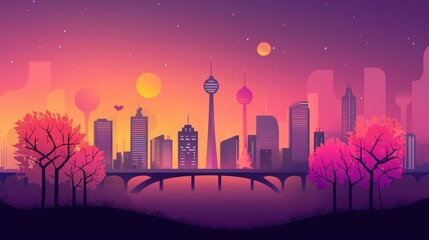 A city skyline silhouetted against a deep purple and orange sunset, with the outlines of buildings, bridges, and landmarks creating a dramatic and evocative cityscape.