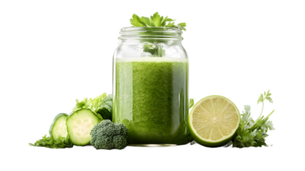 Green smoothie in jar with fresh fruits and vegetables isolated on white background