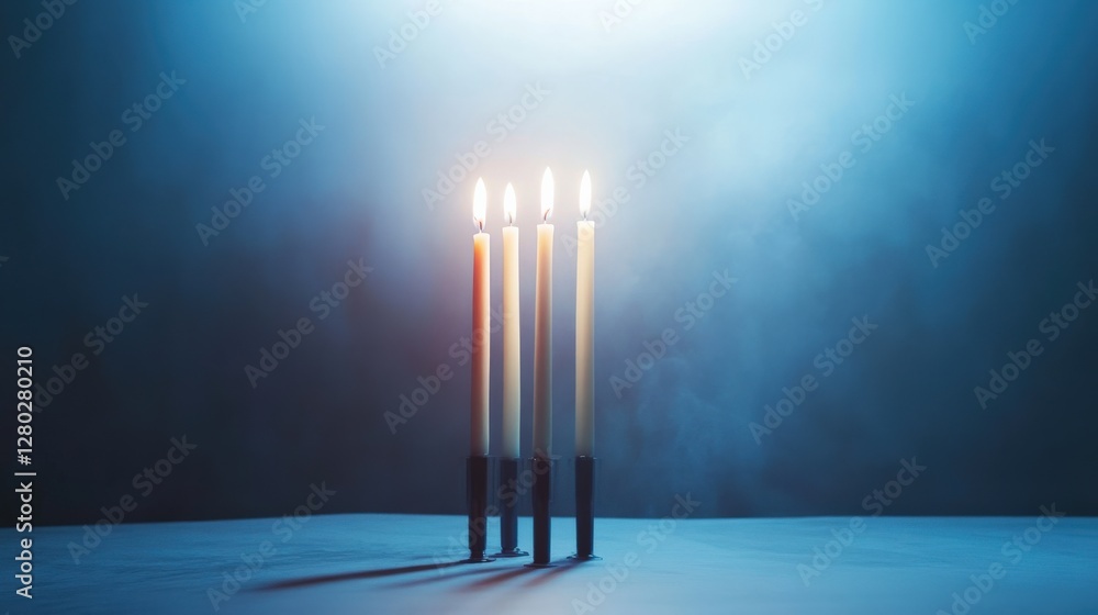 Poster four lit candles standing on a table with a misty blue background creating a serene atmosphere