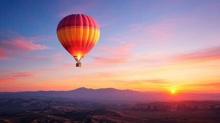 A hot air balloon floating across a vast desert landscape at sunrise, its silhouette a symbol of adventure, freedom, and the beauty of travel and exploration.