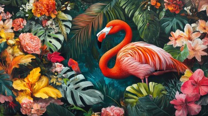 Pink Flamingo Among Vibrant Tropical Flowers