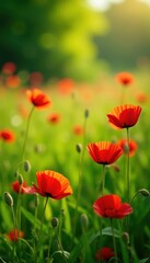 Fototapeta premium Red poppies scattered across a lush green summer meadow, bathed in sunlight , nature, petals, stem