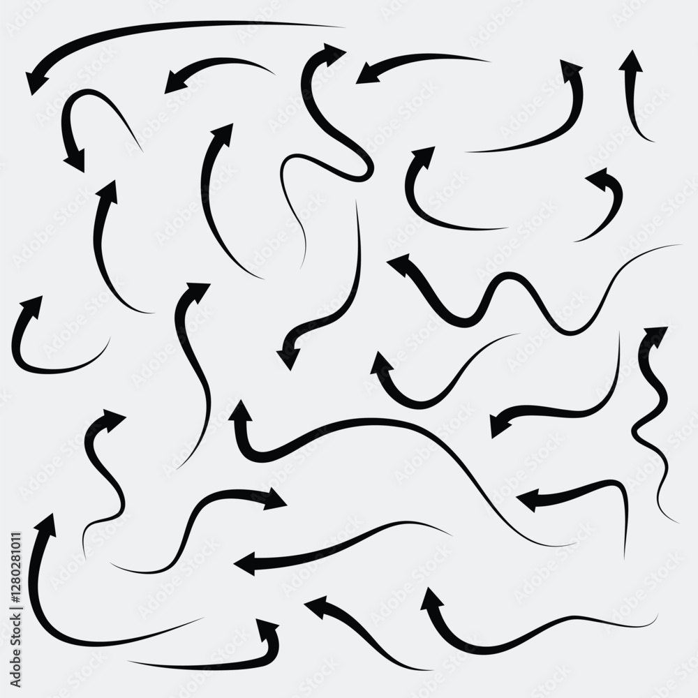 Poster different arrow icon set circle, up, curly, straight and twisted. black arrows collection vector des
