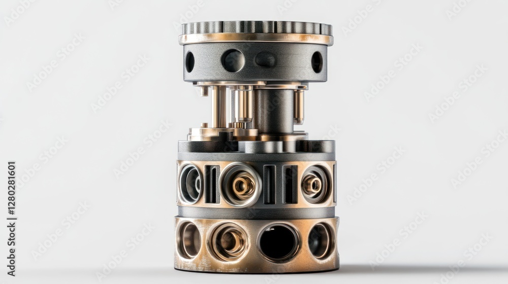 Aufkleber Close-up of a complex metallic mechanism with intricate details, showcasing cylindrical and circular components.