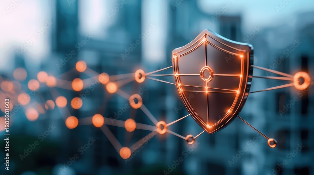 Poster an abstract representation of a secure network, depicted by interconnected nodes surrounded by a glo