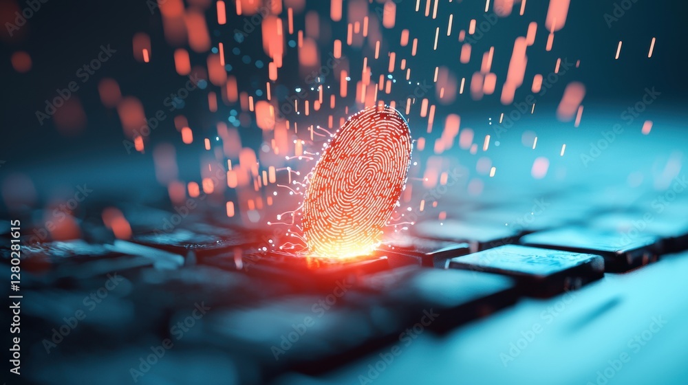 Poster a close up shot of a fingerprint glowing on a keyboard, set against a dark backdrop with cascading l