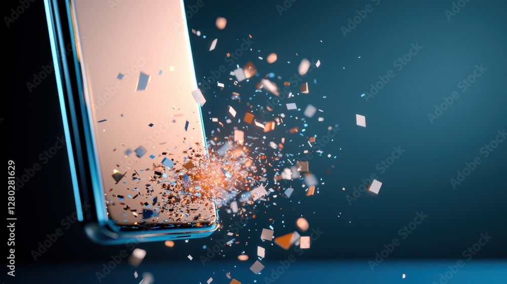 Poster a shattered smartphone screen with binary code fragments spilling out against a black background, sy