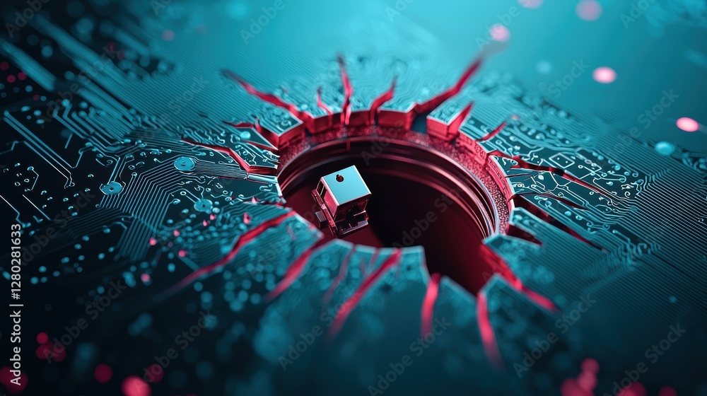 Poster a close up shot of a lock with its shackle broken, overlaid on a circuit board, representing the vul