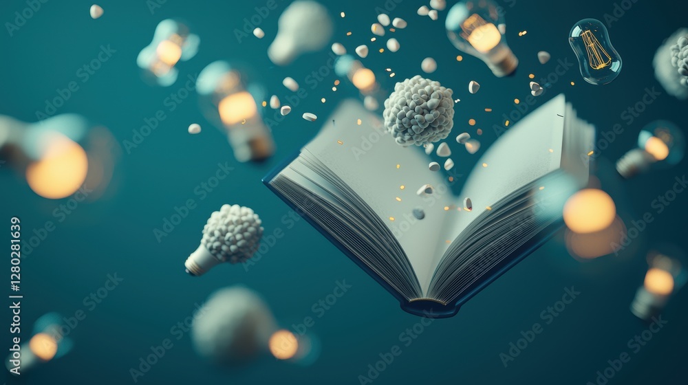 Poster an abstract representation of knowledge with glowing light bulbs, interconnected neurons, and open b