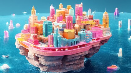 Obraz premium Candycoloredfloatingislandcityscapepastelbuildingsonclearblueseaavibrantarchitecturedesignurbanutopiaimaginativeconstructiondreamlikeview
