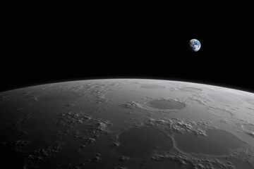 black and white photo of moon surface with Earth visible in corner