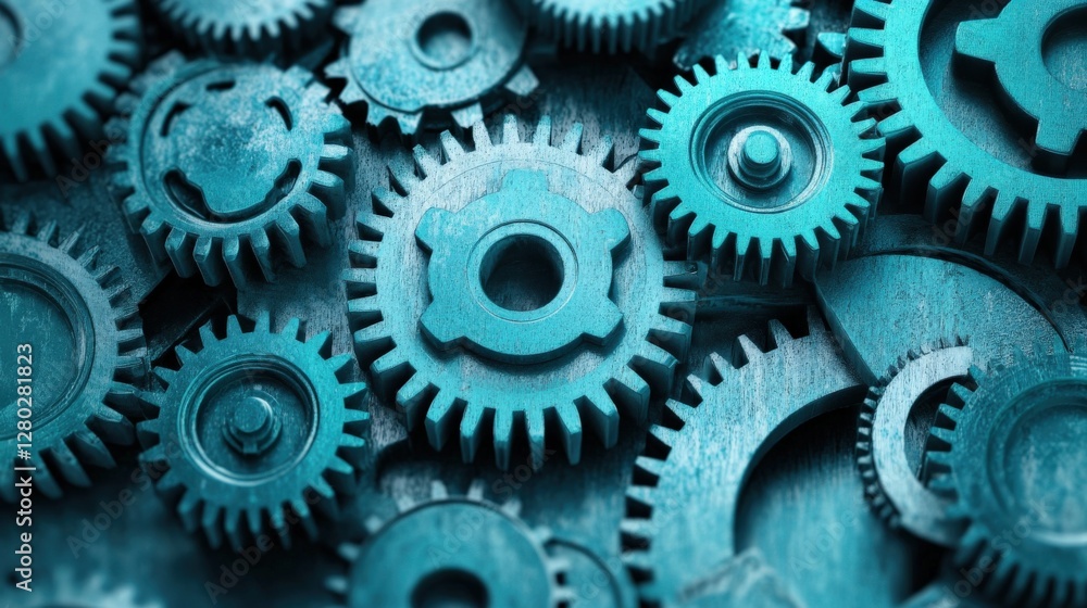 Poster close-up of interlocking turquoise gears showcasing mechanical precision and depth