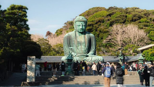 Kamakura,Japan 16 February 2025 : Time lapse Great Buddha in Kamakura, Japan with people tourist. 