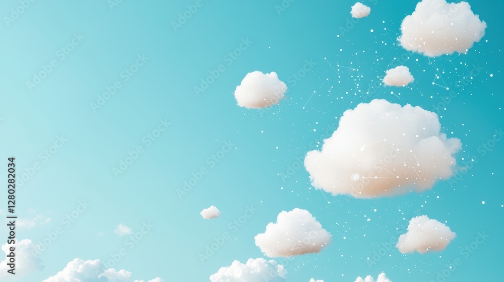 Poster a blue sky with fluffy white clouds transforming into digital data clouds, symbolizing the transitio