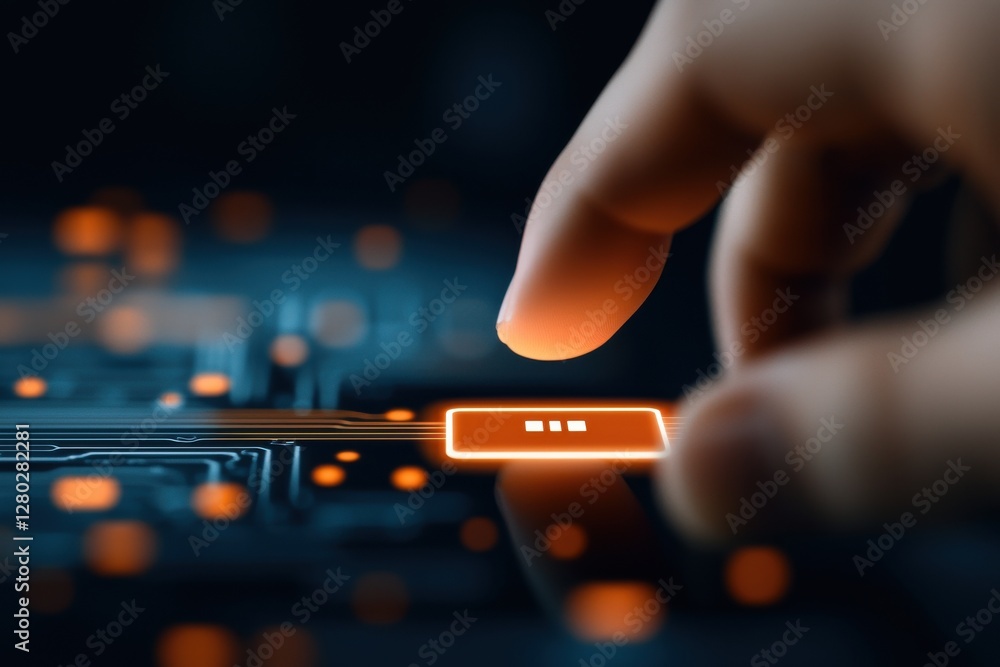 Poster financial inclusion payments growth concept. a hand poised to touch a glowing button on a digital in