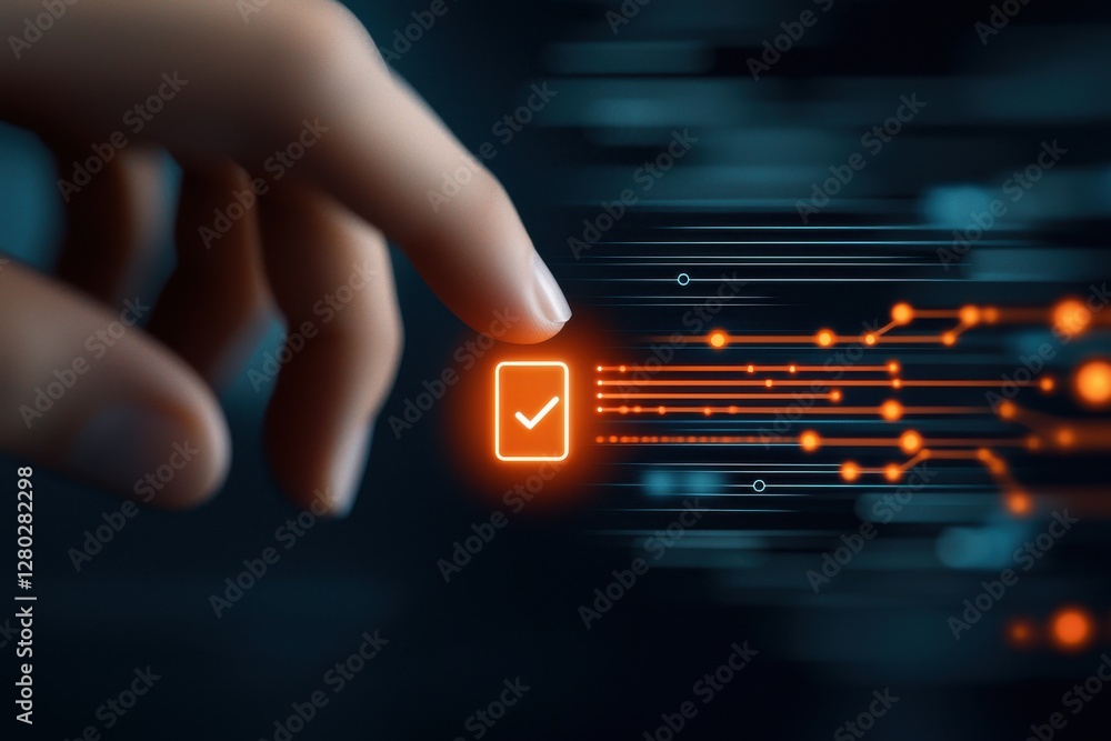 Poster financial inclusion payments growth concept. a hand interacts with a digital checkbox, symbolizing c