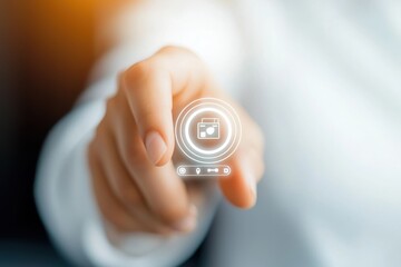 financial inclusion payments growth concept. A hand interacting with a digital interface, symbolizing technology and user engagement in a modern setting.