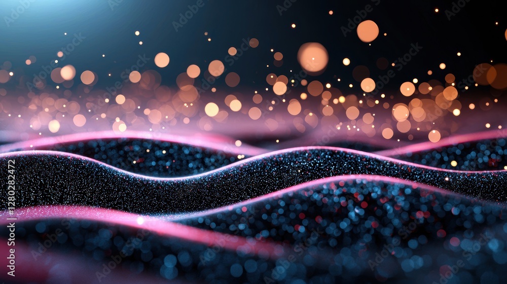 Poster abstract visualization of data streams flowing through a network, represented by glowing particles a