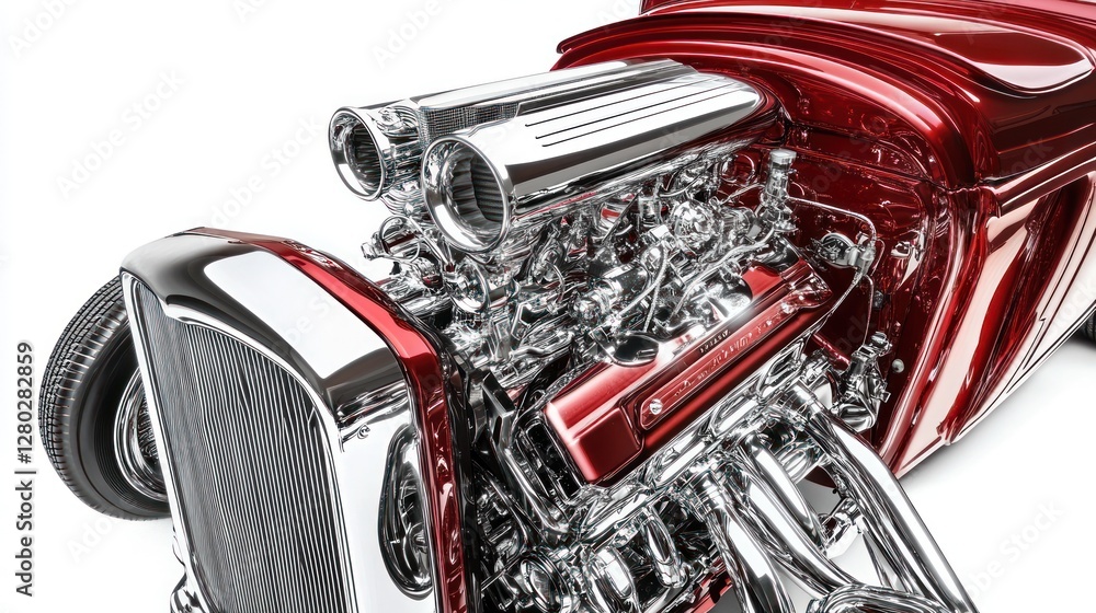 Poster close-up of a custom-built hot rod engine, gleaming chrome and vibrant red paint.