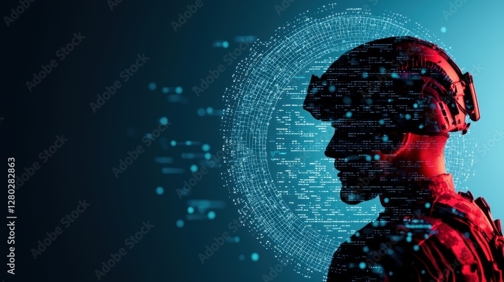 Poster a digital shield with the silhouette of a soldier inside, protecting a network of computers from inc