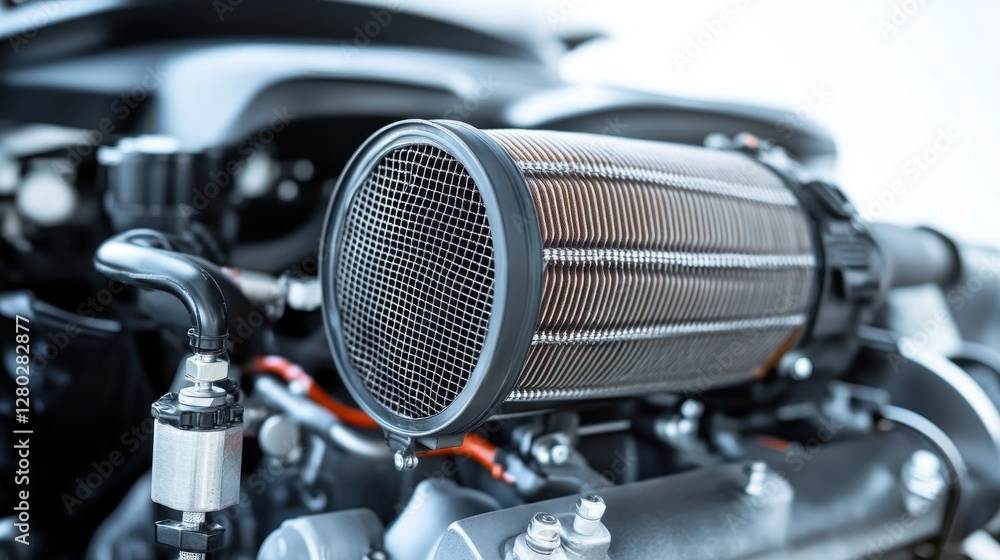 Aufkleber close-up of a cylindrical engine air filter, showcasing its metallic mesh and internal structure.