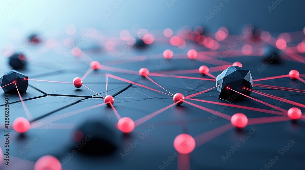 Poster an abstract illustration of a network of interconnected devices under attack by a swarm of malicious