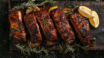 Freshly grilled salmon fillets are beautifully arranged on a dark wooden board with lemon slices and sprigs of rosemary, creating an appetizing presentation in a warm kitchen.