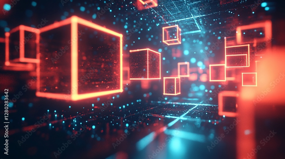 Poster glowing red cubes float in a digital space.