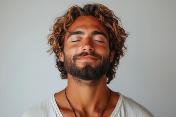 Obraz premium Happy smiling man standing with closed eyes full body, having relaxation while meditating, trying to find balance and harmony isolated. Yoga and meditation. white background 