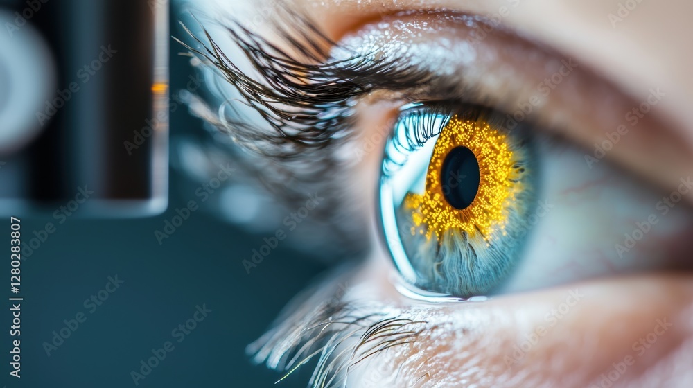 Poster a close up shot of a person eye being scanned by an iris scanner, highlighting the advanced biometri