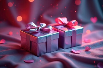 Elegant holographic gift boxes on velvet, romantic setting , elegant, modern, presents