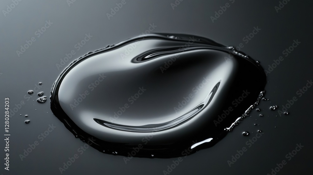 Poster close-up of a dark liquid puddle with ripples and small bubbles on a dark surface.