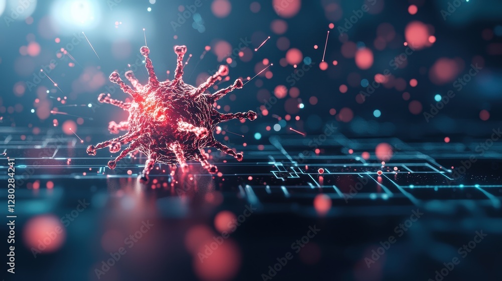 Poster an abstract visualization of a computer system being cleaned of viruses and malware, represented by 