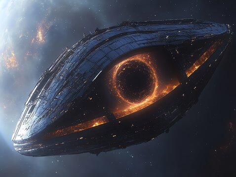 Futuristic Spaceship with Glowing Ring Navigating the Galaxy in Sci-fi Art