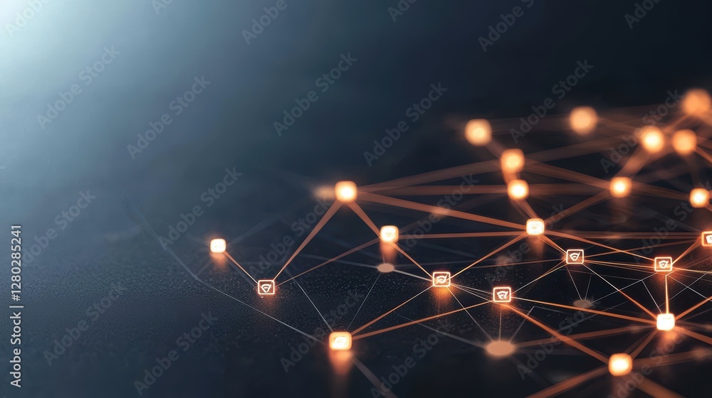 Poster abstract network grid with glowing lines and security icons, representing secure data transmission a