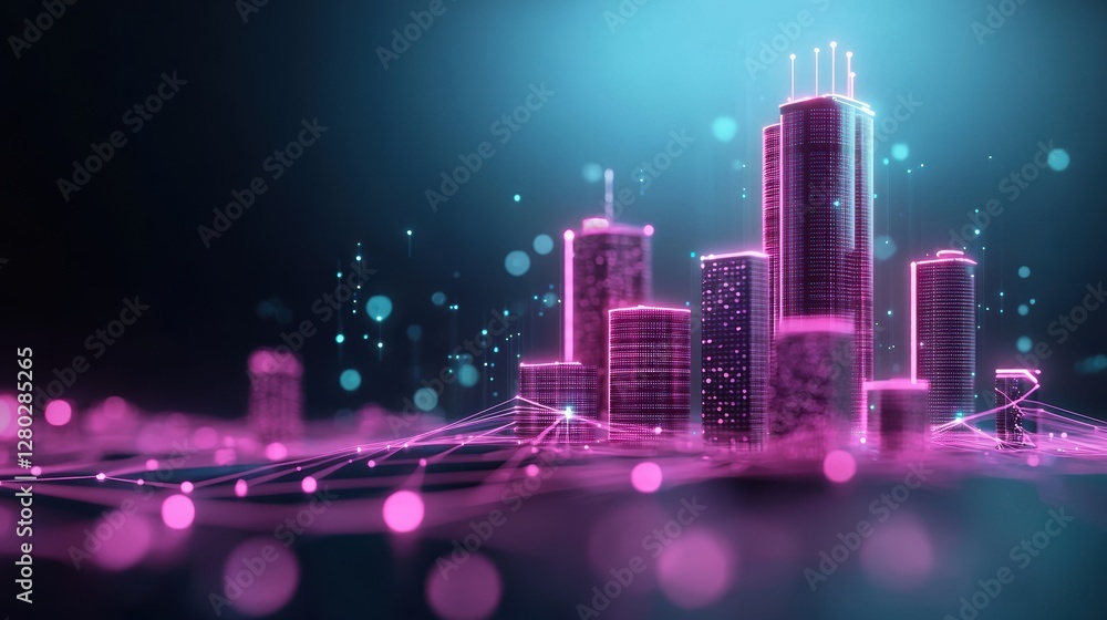 Poster futuristic cityscape with glowing lines representing blockchain transactions and cryptocurrency netw